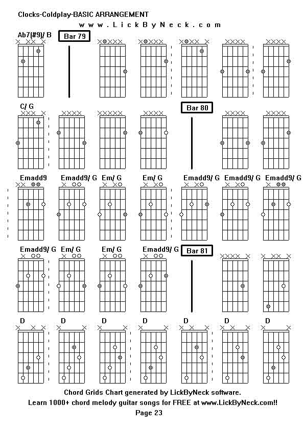 Chord Grids Chart of chord melody fingerstyle guitar song-Clocks-Coldplay-BASIC ARRANGEMENT,generated by LickByNeck software.